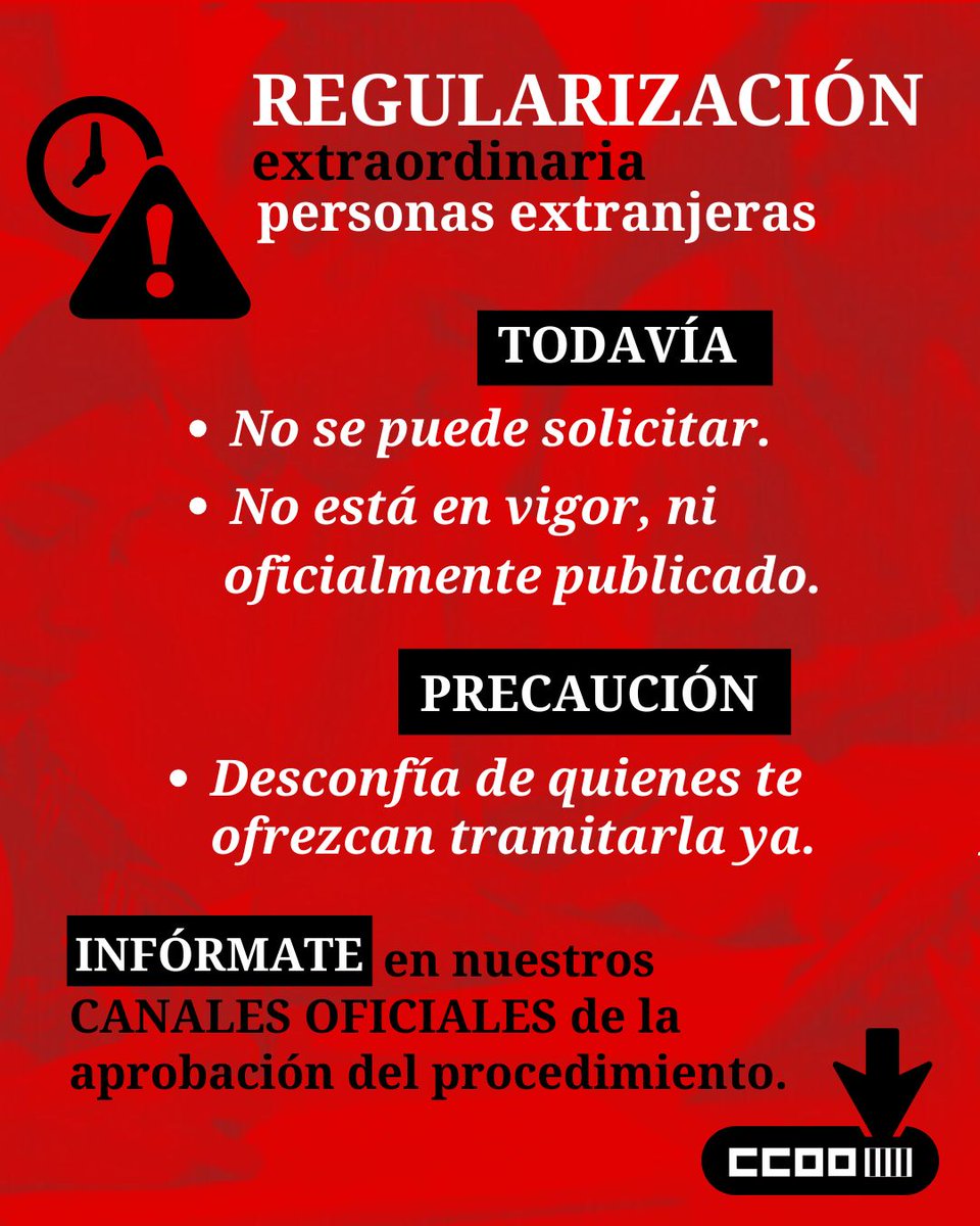 ccoopv's tweet photo. ⚠ #CCOOPVInforma a la población migrante contra posibles ofertas fraudulentas de REGULARIZACIÓN EXTRAORDINARIA.
💬Ante el aumento de consultas, @isa_barrajon recuerda que el procedimiento aún no está en vigor y que TODAVÍA NO es posible solicitarla.
🔗https://t.co/SmTKnry503 https://t.co/A2mE8g9KwG