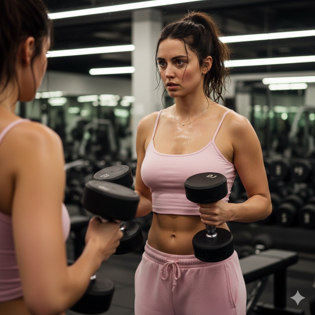 LunaAI_TR's tweet photo. Gemini Nano Banana Pro

Ana De Armas just too tired at gym today...

Promt

{
  "prompt_configuration": {
    "type": "Ultra Photorealistic Portrait",
    "style": "Cinematic Reality / Candid Fitness Photography",
    "resolution": "8K RAW"
  },
  "subject": {
    "identity": "Ana de Armas",
    "physique": "Athletic and lean build, toned core, natural fit physique",
    "hair": "Deep espresso brown hair, pulled back into a messy high ponytail, damp with sweat, loose strands clinging to her face and neck",
    "skin_texture": "Hyper-realistic skin details, intense post-workout sheen, glistening with heavy sweat, visible pores, natural flush on cheeks and chest",
    "facial_expression": "Exhaling after a heavy set, mouth slightly parted, focused and tired but accomplished gaze"
  },
  "apparel": {
    "outfit_style": "Monochromatic pastel pink gym set",
    "top": "Tight cropped pink camisole tank top with thin spaghetti straps, fabric appearing slightly damp from sweat",
    "bottoms": "Loose-fitting pink cotton sweatpants with visible drawstring, sitting low on the hips",
    "accessories": "Thin, delicate silver necklace"
  },
  "pose_and_action": {
    "perspective": "Three-quarter side profile view",
    "action": "Checking progress in a gym mirror; left hand pressing against the mirror surface, right hand lifting the hem of her tank top to reveal defined, lean abdominal muscles",
    "reflection": "Partial reflection of her arm and the side of her face visible in the mirror"
  },
  "environment": {
    "location": "Modern commercial gym interior",
    "background_elements": "Blurred weight racks, dumbbells, and cable machines in the distance; black speckled rubber gym flooring",
    "depth": "Creamy bokeh background for subject separation"
  },
  "lighting_and_atmosphere": {
    "lighting": "Overhead gym lighting with warm tungsten tones, creating sharp specular highlights on her sweaty skin and damp hair",
    "mood": "Raw, intense, candid fitness moment"
  },
  "technical_specifications": {
    "camera": "DSLR, 85mm prime lens",
    "aperture": "f/2.8 for shallow depth of field",
    "focus": "Sharp focus on Ana's face and her defined abs",
    "render_engine": "Octane Render style, subsurface scattering on skin, ray-traced reflections"
  }
}