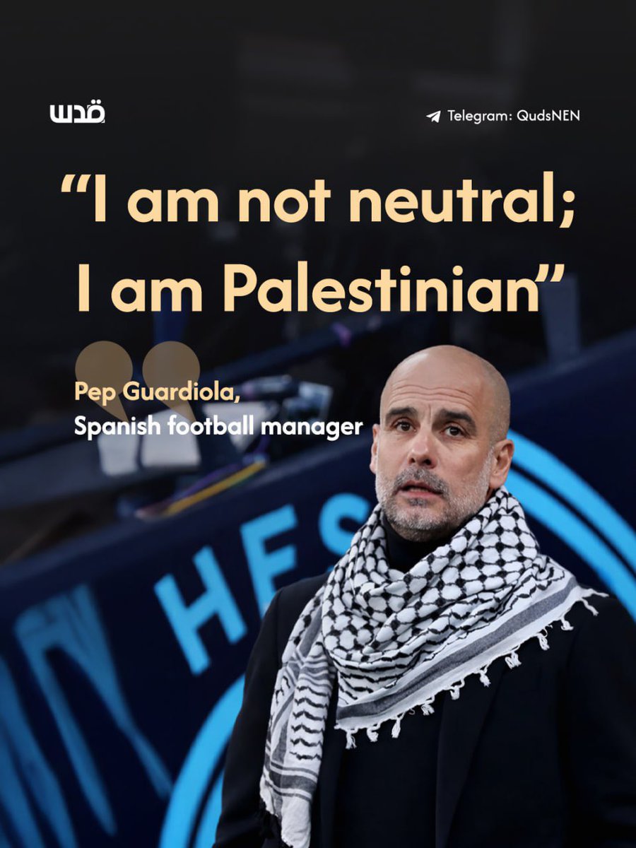 QudsNen's tweet image. Wearing a keffiyeh in Barcelona, Pep Guardiola said, “I am not neutral, I am Palestinian,” as he addressed the Act x Palestine charity event in support of the children of Gaza. 

The initiative channeled its fundraising toward humanitarian and development projects in Palestine.