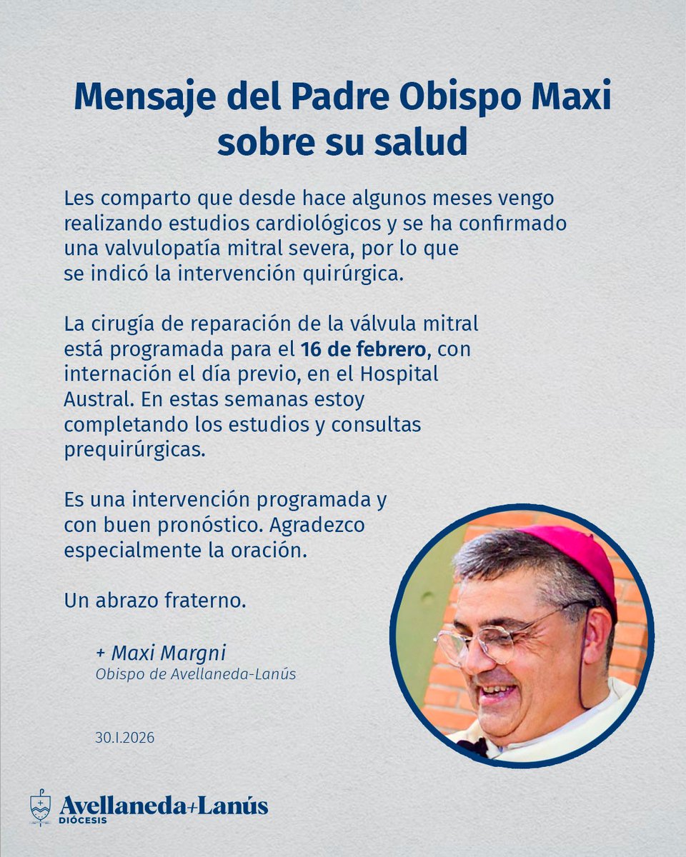Compartimos este mensaje del Padre Obispo <a href="/maximargni/">Maxi Margni</a> a la comunidad diocesana informando sobre su salud y sobre una intervención quirúrgica a la que será sometido en el mes próximo. ¡Unidos en oración! 🙏💓