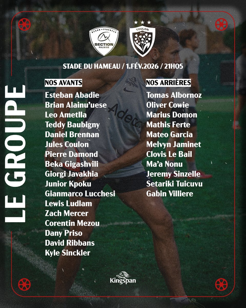 RCTofficiel's tweet photo. 𝐋𝐄 𝐆𝐑𝐎𝐔𝐏𝐄 🔴&amp;⚫

Découvrez les joueurs convoqués pour ce seizième match de @top14rugby face à la @SectionPaloise 💪

#ParceQueToulon https://t.co/I3GTThk9zq