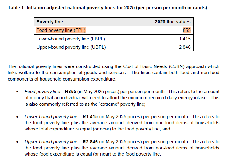 The R370 SRD grant, which goes to around 8 million people, is less than 44% of the food poverty line.
<a href="/StatsSA/">Statistics South Africa (Stats SA)</a> has just published updated poverty line figures for 2025. The latest Food Poverty Line (FPL) is now R855 per person per month.
The SRD Grant, which is supposed to