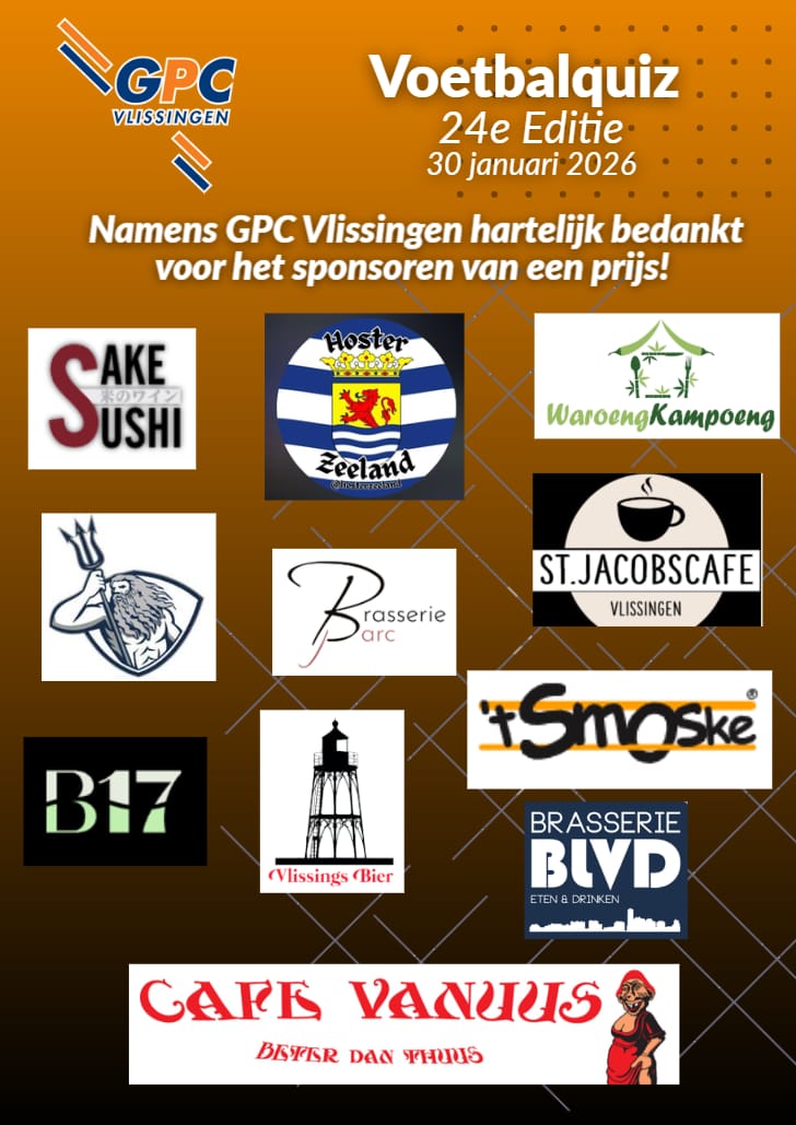 Naast de Hoofdprijs (2 kaarten Nederland-Noorwegen, beschikbaar gesteld door de Supportersvereniging), vanavond nog veel meer moois te winnen tijdens de GPC Vlissingen voetbalquiz. Dank aan de sponsors!