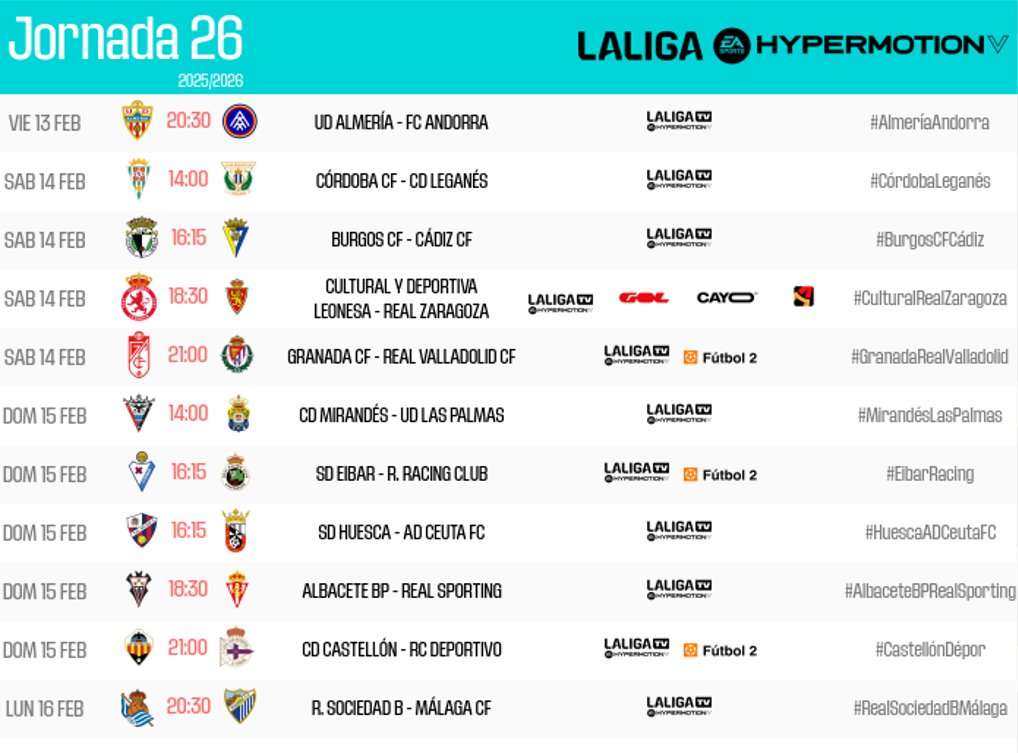 LaLiga2's tweet photo. HORARIOS | Conoce cuándo se disputarán los partidos de la jornada 26 en #LALIGAHYPERMOTION.

👉 https://t.co/t3fFjTvCZ9 https://t.co/bIYB2Pv0Pq