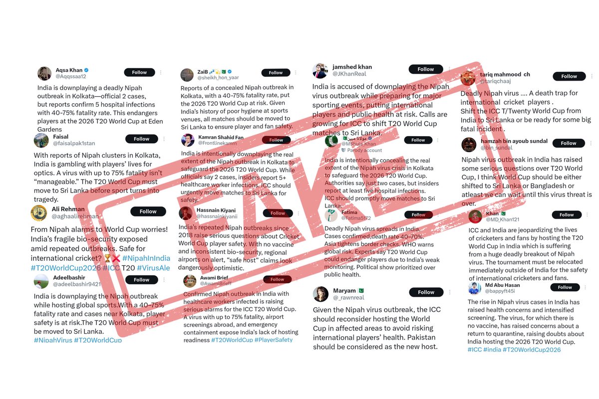 shivank_8mishra's tweet photo. #ExclusiveThread 

State-Sponsored Disinformation: Pakistan Pushes False Nipah Virus Narrative Against India Ahead of T20 World Cup

Ahead of the T20 World Cup scheduled to begin in India on 7 February, Pakistan has launched a coordinated State Sponsored disinformation campaign targeting India by falsely projecting a “Nipah virus crisis” and attempting to link it with the safety of the tournament. Investigations reveal that Pakistani bot networks have been aggressively pushing false claims on social media, alleging a widespread Nipah virus outbreak in India and suggesting that the T20 World Cup could be cancelled due to health risks. These claims are entirely baseless.

(1/n)