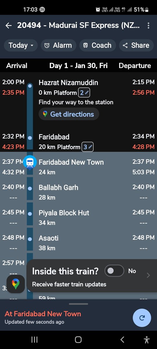 Frederickamr's tweet photo. Attn @drm_dli @RailMinIndia  Train 20494 I believe the screenshot speaks for itself. 
20kms travelled in almost 3 hours... Come on team...thats the difference between SR and NR https://t.co/GoCnovy0V3