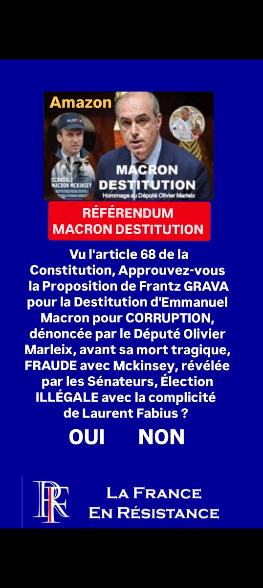Référendum  #MacronDestitution Approuvez-vous la Destitution de Macron pour Corruption, dénoncée par le Député Olivier Marleix, avant sa mort tragique ? OUI NON
 #OlivierMarleix #Mckinsey #presidentielle2026 #lafranceenresistance #FrantzGrava Partagez