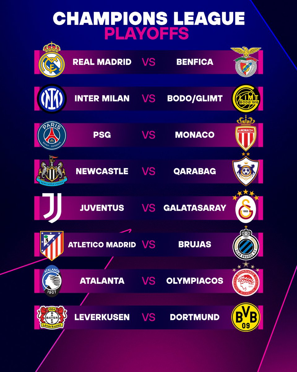 ¡SORTEO DEFINIDO! Así quedaron los cruces de playoffs en la Champions League. 🔥

Real Madrid se reencontrará con el Benfica tras la dramática definición del miércoles. Además, tendremos duelos directos entre equipos del mismo país: PSG - Mónaco y Leverkusen - Dortmund. 🇫🇷🇩🇪

Por