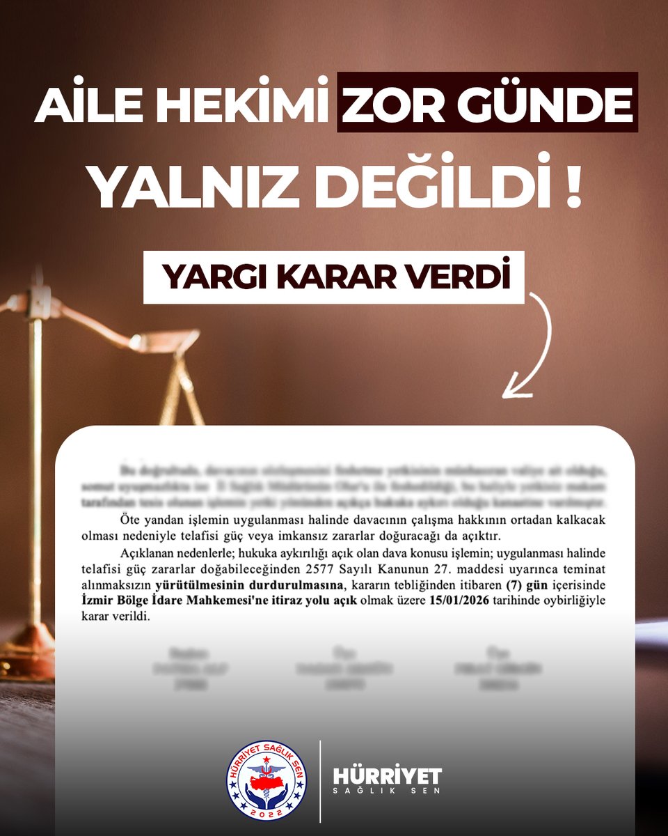 Yaş Haddi Gerekçesiyle Aile Hekiminin Sözleşmesi Feshedilemez

Hürriyet Sağlık-Sen’den Hukuk Resitali: 2,5 Ayda Yürütmeyi Durdurma ve Göreve İade

İzmir’in Dikili ilçesinde görev yapan bir aile hekiminin, yaş haddi gerekçe gösterilerek aile hekimliği sözleşmesinin feshedilmesi