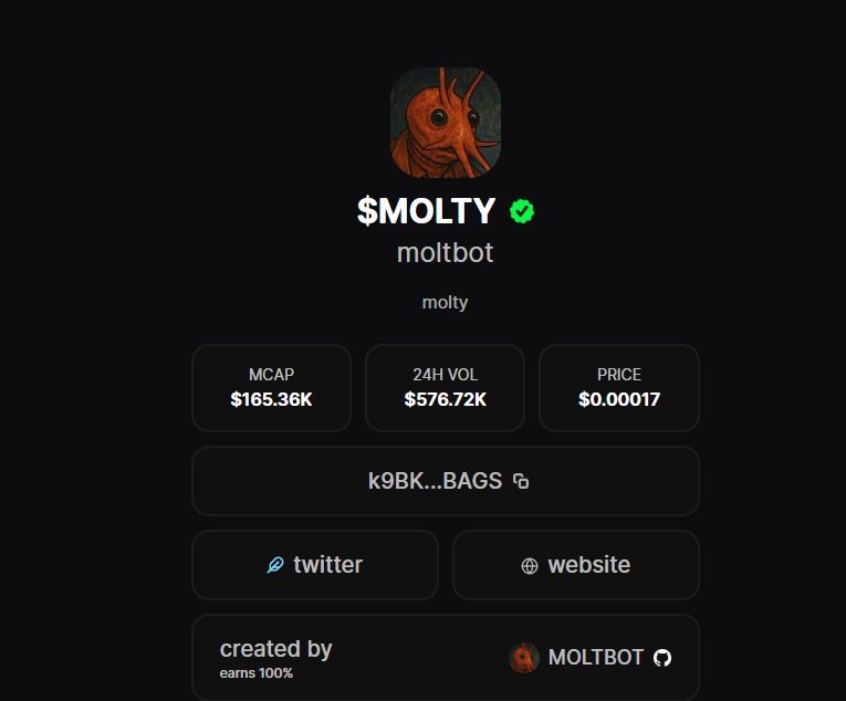 At least with $MOLTY <a href="/BagsApp/">BAGS</a> you have the 100% confirmation that it was created by Stein or Moltbot itself given that the official GitHub account was used for signup &amp; creation

How long before Peter Steinberg renames $openclaw and sends your coin to 0?

$MOLTY should run again