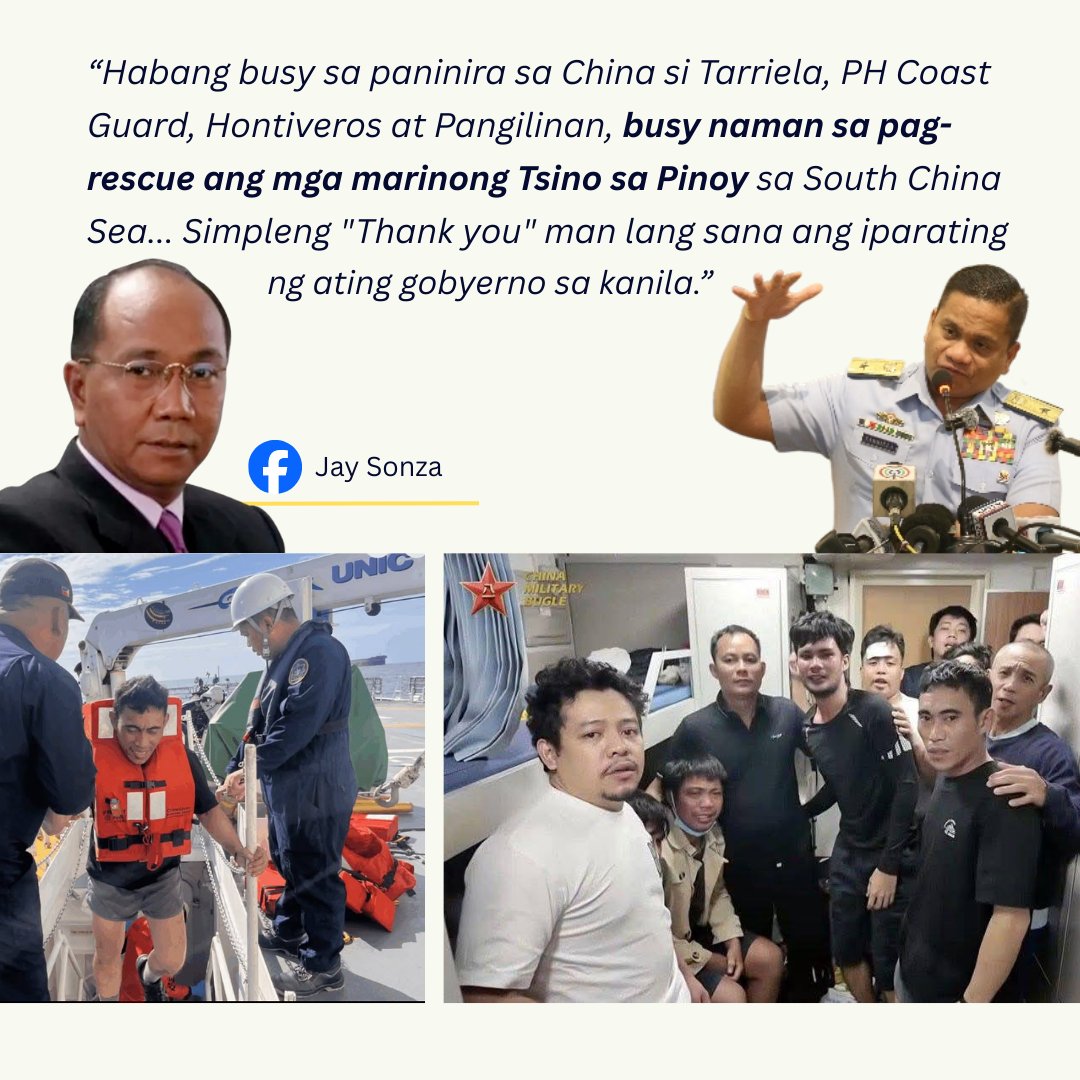 While Tarriela, Philippine Coast Guard (PCG),  senators Hontiveros, Pangilinan, are busy demonising China, China is busy rescuing Filipinos injured in the middle of the South China Sea...

Not even a simple "Thank you" from the government.

✍️🇵🇭 Jay Sonza