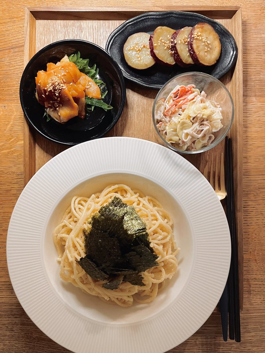今夜は明太子パスタ定食でした☺️