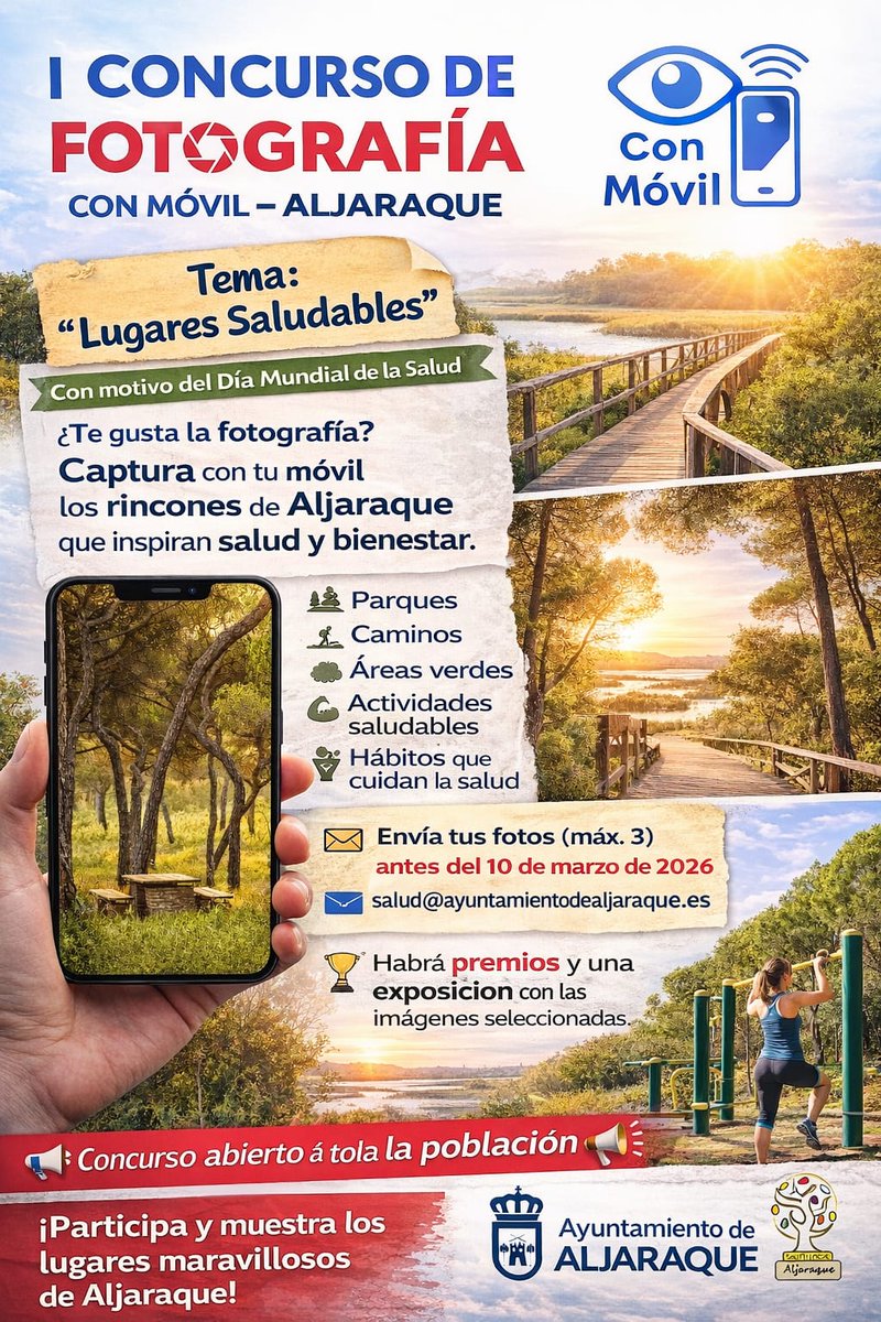 Una buena idea para poner en valor los activos de salud del municipio.
📷#AljaraqueRELAS organiza este I CONCURSO DE FOTOGRAFÍA  con móvil con el tema de "Lugares saludables".
#localizarlasalud