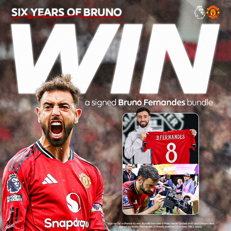 premierleague's tweet photo. Celebrating six years of Bruno Fernandes in the Premier League 🥳

Enter for your chance to win a unique signed prize by the @ManUtd midfielder 🎁