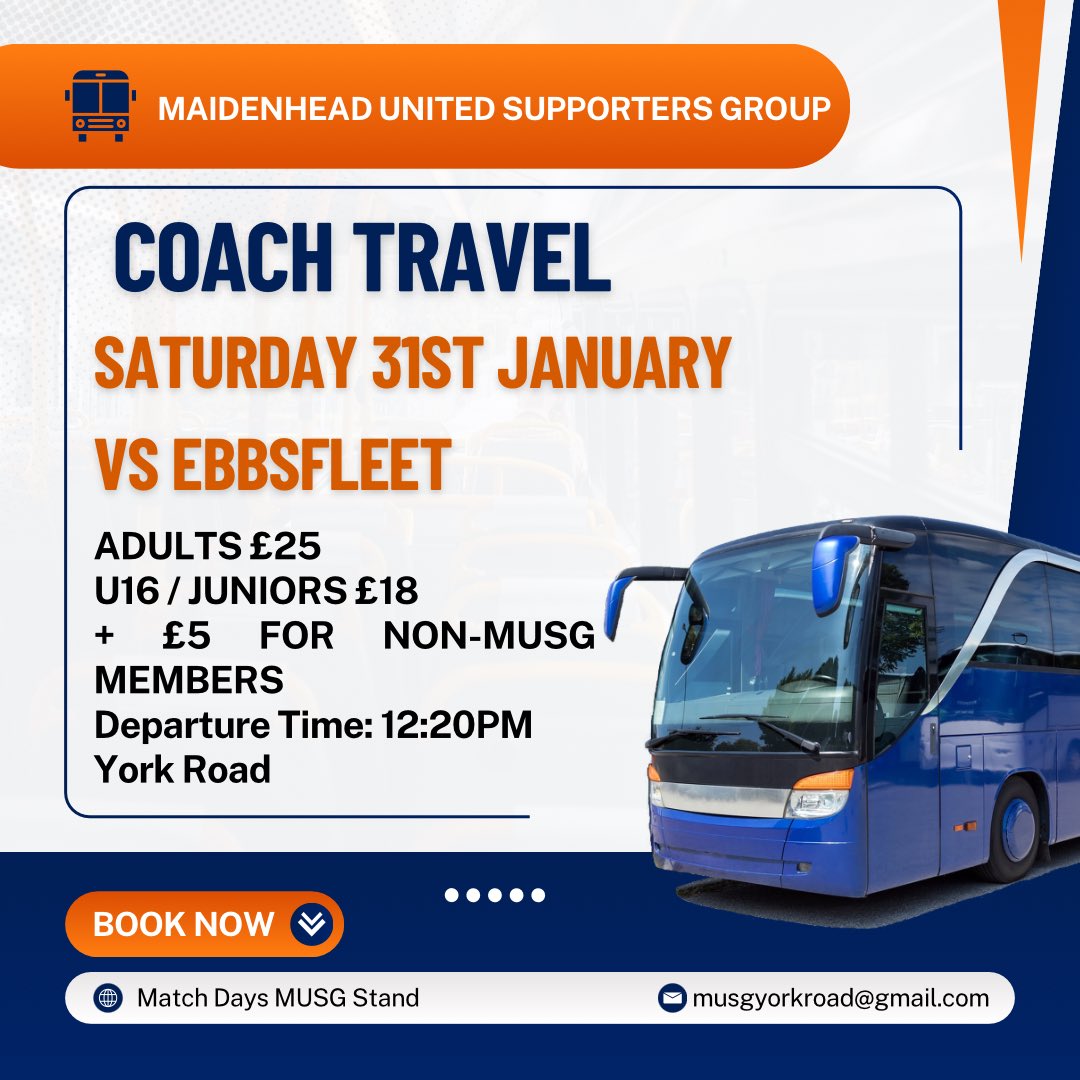 Last call on here. Coach departs York Road at 12:20. <a href="/MUFCYorkRoad/">Maidenhead United</a>.
Ignore the train, travel direct - and with fellow fans. <a href="/mufcjuniors/">Maidenhead United FC Juniors</a>. Still some seats left.