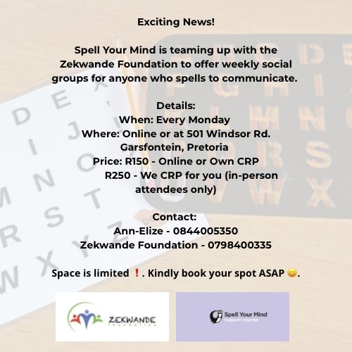 Exciting news! Zekwande Foundation is teaming up Spell Your Mind to create weekly spaces for connection and communication. Join us every Monday!

#NeurodiversityMatters 
#nonspeakingautistic 
#InclusionMatters 
#spelltocommunicate