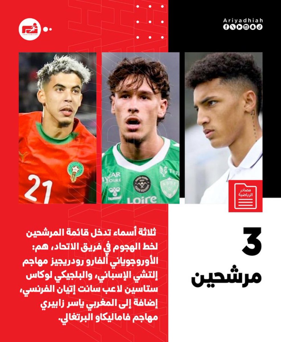🟡⚫️
صحيفة الرياضية .. 📝

• تُسارع الإدارة الرياضية في الاتحاد خطواتها لإنهاء التعاقد مع مهاجم أجنبي في خانة المواليد، إلى جانب التوقيع مع مدافع.

• ودخلت ثلاثة أسماء قائمة المرشحين لخط الهجوم، وهم : 
1-الأوروجوياني ألفارو رودريجيز مهاجم إلتشي الإسباني، 
2-البلجيكي لوكاس