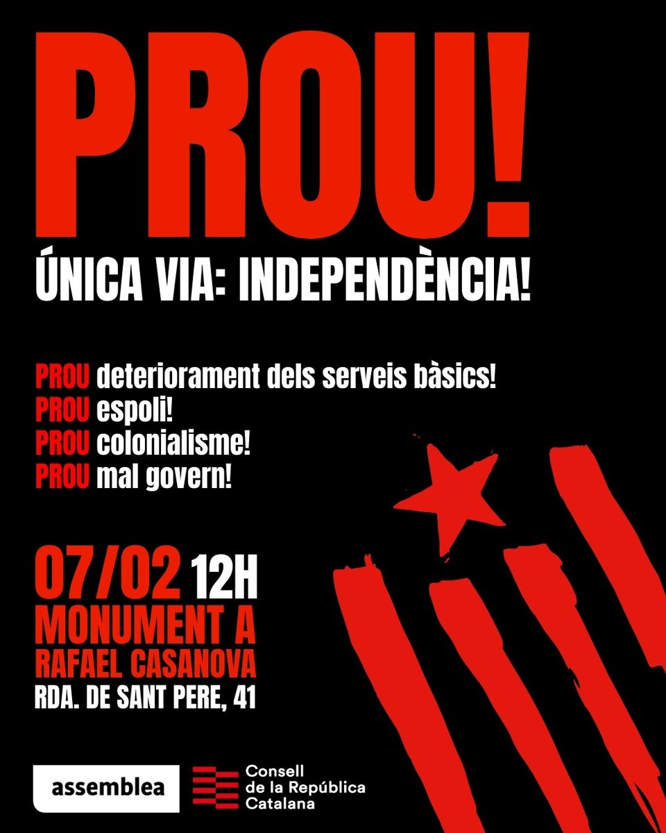 ⬛️⬜️🎙 Roda de Premsa de l'<a href="/assemblea/">Assemblea Nacional Catalana</a> i el <a href="/ConsellRep/">Consell de la República Catalana</a> de presentació de la manifestació #PROU! del 7 de febrer a les 12 h, que començarà al Monument a Rafael Casanova.

L'única via: independència!