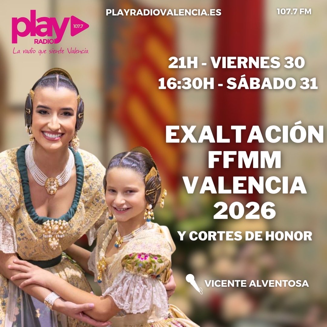 🔥🎙️ Un año más, Play Radio Valencia llevará a través de las ondas las Exaltaciones de las FFMM de Valencia y sus Cortes de Honor 

📌 Hoy, 21h y mañana desde las 16’30h 

Con las mejores entrevistas y vuestros comentarios que los esperamos en el WhatsApp 637 60 89 90 😉