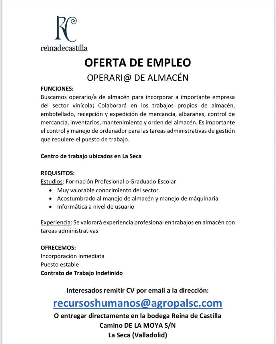 TierrasdeMedina's tweet photo. Oferta de #Empleo: #Operari@ de #Almacén en #LaSeca 
 
#Bodega @BodegaReina , #Cooperativa de La Seca, busca Operari@ de Almacén

Envío de CV: recursoshumanos@agropalsc.com
O entregar directamente en Bodega Reina de Castilla Camino DE LA MOYA S/N La Seca

#TierrasdeMedina https://t.co/TE8sEk0CdM