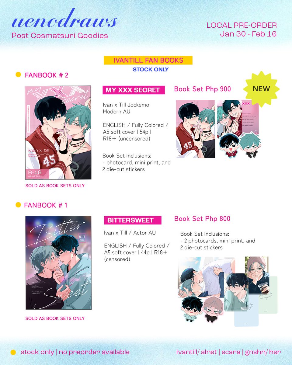 uenodraws's tweet image. [RTs💛]  1/2
Local Cosmatsu Aftersale PO is now OPEN!

🗓️PO Period: jan 30-feb 16
💕 IvanTill/ ALNST, Scara, HYV
🌎 GOs if interested, pls dm me~

Form and Giveaway details below! Please read before placing an order. Thank you!!