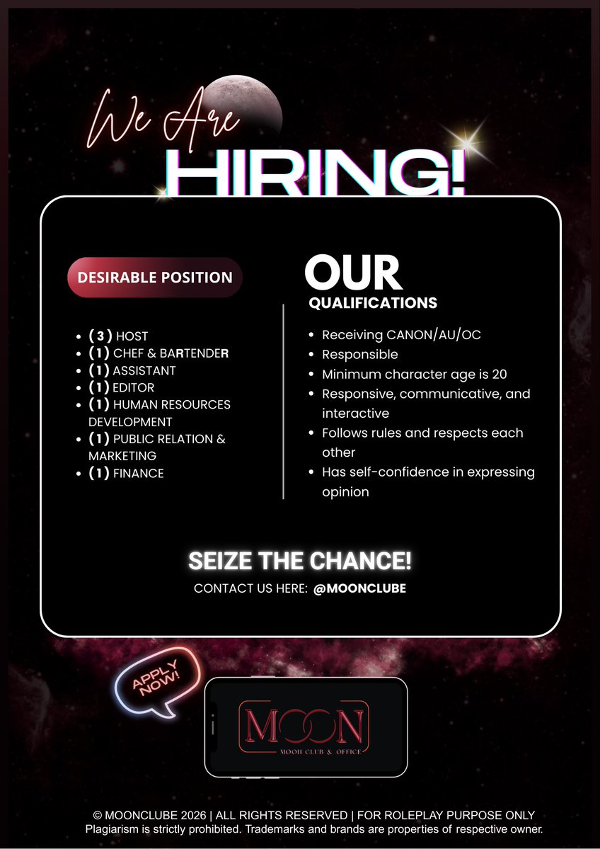 WE ARE HIRING  📢 

Ready to turn up the night and own the spotlight as our TALENT? Or are you excited to be part of our OFFICE? 🌙 We’re looking for YOU.

📍 <a href="/moonclube/">𝐌𝐨𝐨𝐧 𝐂𝐥𝐮𝐛</a>
💼 Various positions available.

DM us and check the thread for more info — the MOON is calling, are you in?