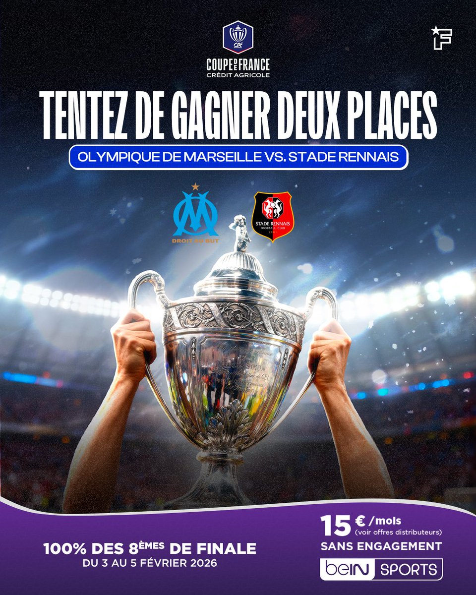 🎟️ <a href="/beinsports_FR/">beIN SPORTS</a> et <a href="/footmercato/">Foot Mercato</a> vous offrent deux places pour assister au 8ème de finale de la Coupe de France Crédit Agricole : Olympique de Marseille 🆚 Stade Rennais (Mardi 3 Février à 21h10) !

Pour participer, c'est simple :

🔁❤️ RT et Liker ce tweet

➕➡️ Suivre