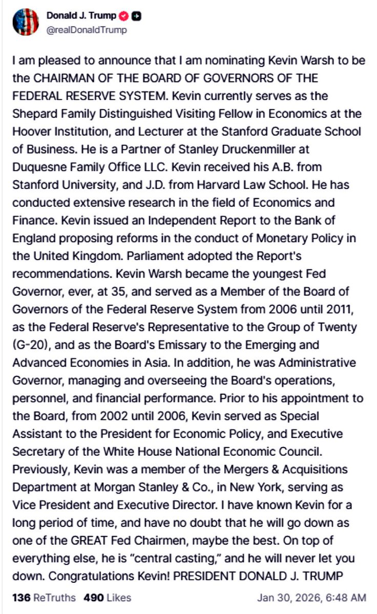 DroMeta's tweet image. BREAKING 🚨:Trump announces Kevin Warsh as Fed Chair via Truth Social