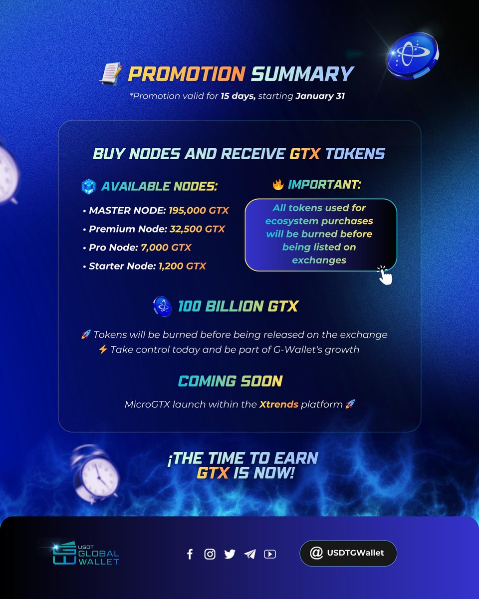 USDTGWallet's tweet photo. 🚀 G-WALLET SPECIAL OFFER

Earn GTX by acquiring ecosystem nodes 

🔹 Nodes:
• Master: 195,000 GTX
• Premium: 32,500 GTX
• Pro: 7,000 GTX
• Starter: 1,200 GTX

📅 15-day promo starting Jan 31
🔥All tokens used will be burned before exchange listing

MicroGTX launching soon on Xtrends

🔗 https://t.co/JmtBQ8SHmD
#GWallet #GTX #MicroGTX #Web3 #TokenBurn