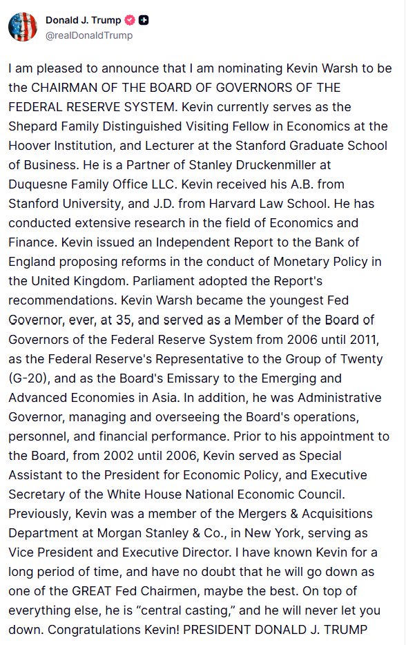 Geo_Analysis's tweet image. BREAKING🚨: US President Donald Trump announces he is nominating Kevin Warsh to replace Jerome Powell as the Chair of the Federal Reserve.

Warsh is a lawyer and a veteran of past Republican administrations.