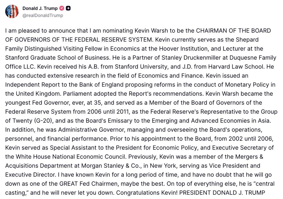 President Trump nominates Kevin Warsh as Federal Reserve Chairman ! He is Son-in-law of Ronald Lauder and former steering committee member of the Bilderberg Group