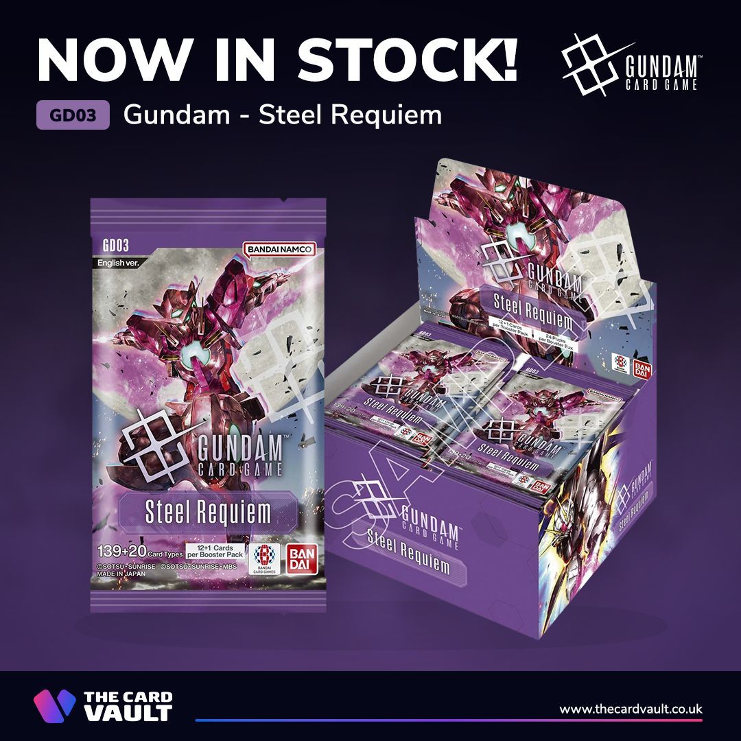 🚨 NOW IN STOCK! 🚨

Gundam Card Game - Steel Requiem [GD03] boosters are available now! Add powerful Mobile Suits and alternate-art cards to your battles!

Shop now: buff.ly/NrERbgD

#TheCardVault #GUNDAM #GD03 #SteelRequiem #GCG #GundamCardGame #GGundam