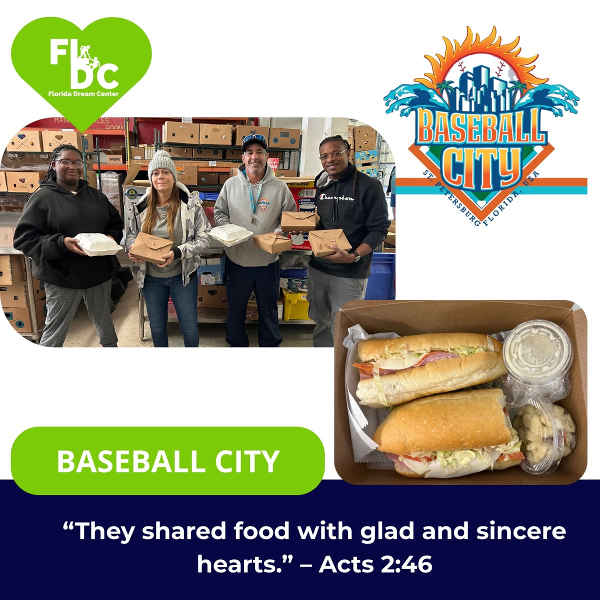💙 A big thank you to Baseball City for their generous donation of sandwiches and salads to the Florida Dream Center!
Because of their kindness, we were able to pass out a little home-style meal to our clients — and those small touches of love mean so much.