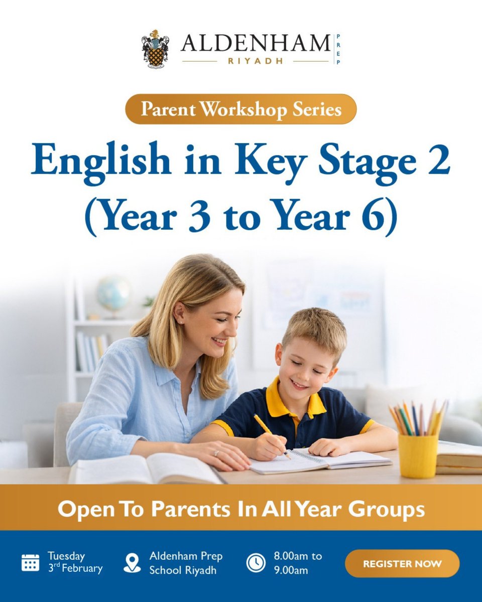 Parent Workshop | Supporting English Learning in Key Stage 2 📚✏️

📅 Date: 3rd February
⏰ Time: 8.00am
📍 Venue: Aldenham Prep School Riyadh

Register here: forms.cloud.microsoft/r/1cJstVtgpe

#ParentWorkshop #AldenhamPrepSchoolRiyadh #BritishCurriculum #KeyStage2