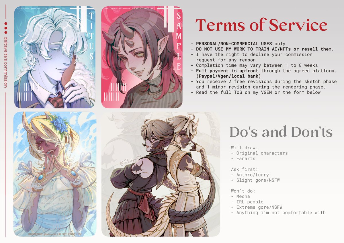 🌷 RTs are appreciated! 🌷

hello everyone!! I'm opening commissions for the first time on VGen. 5 slots will be available for now!! vgen.co/deltavelta

for local commissions you can fill the order form below⬇️ヾ(•ω•`)o
#VgenComm #commissionopen