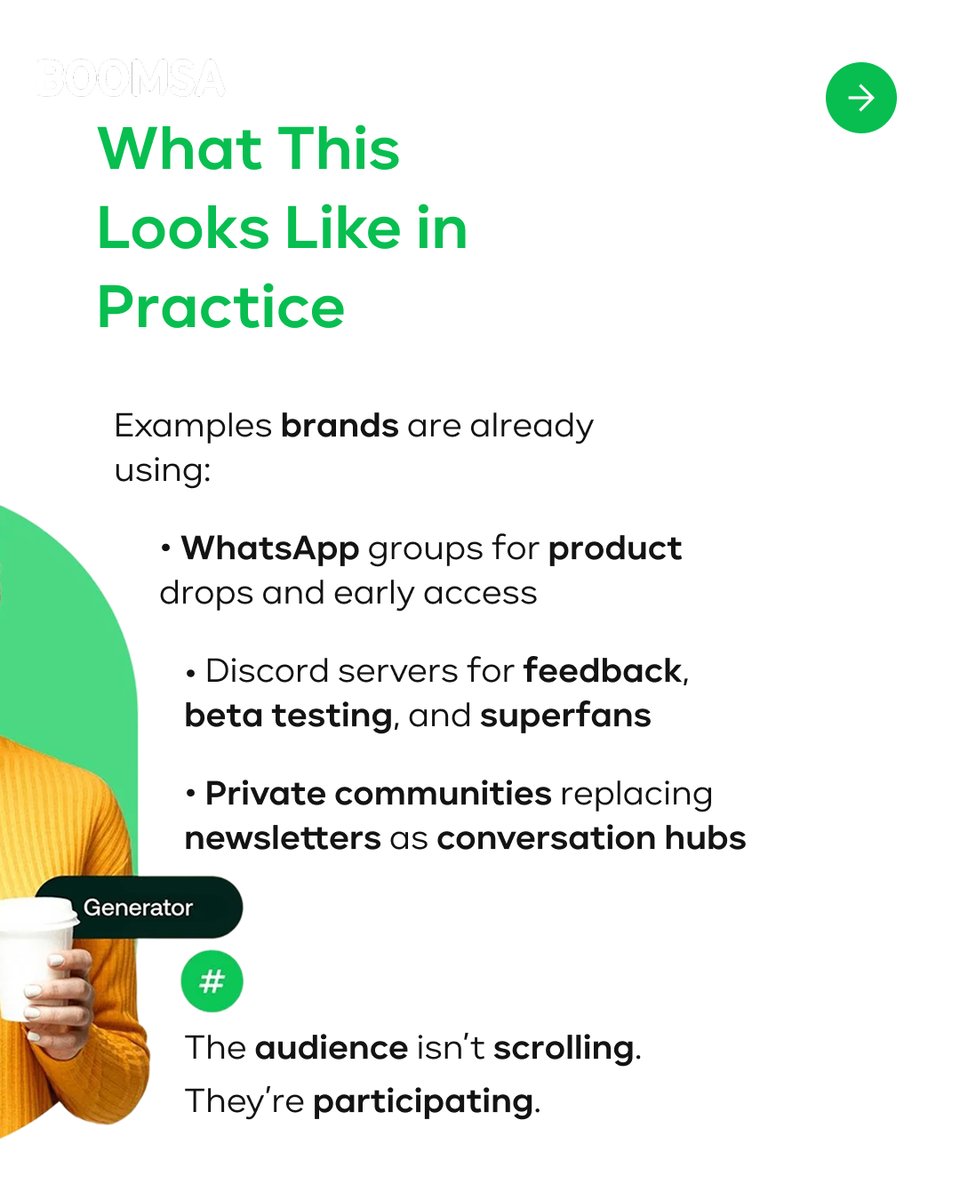 BoomsaVenture's tweet photo. The next layer of growth isn’t public.
It’s private, intentional, and community-led.

#boomsa #communitymarketing #privatecommunities #ownedmedia #whatsappmarketing #discordbrands #digitalengagement https://t.co/jHN10zG31j