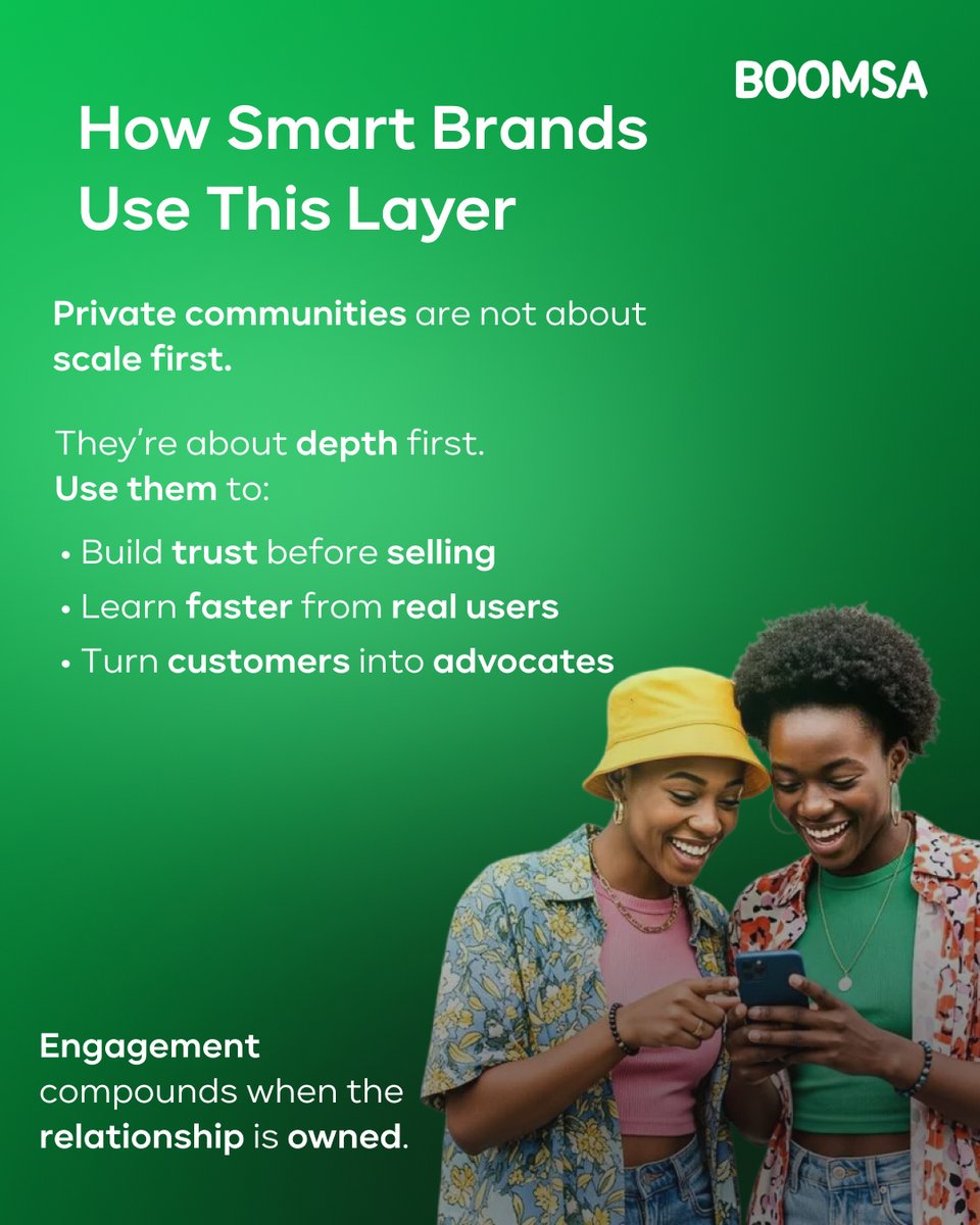 BoomsaVenture's tweet photo. The next layer of growth isn’t public.
It’s private, intentional, and community-led.

#boomsa #communitymarketing #privatecommunities #ownedmedia #whatsappmarketing #discordbrands #digitalengagement https://t.co/jHN10zG31j