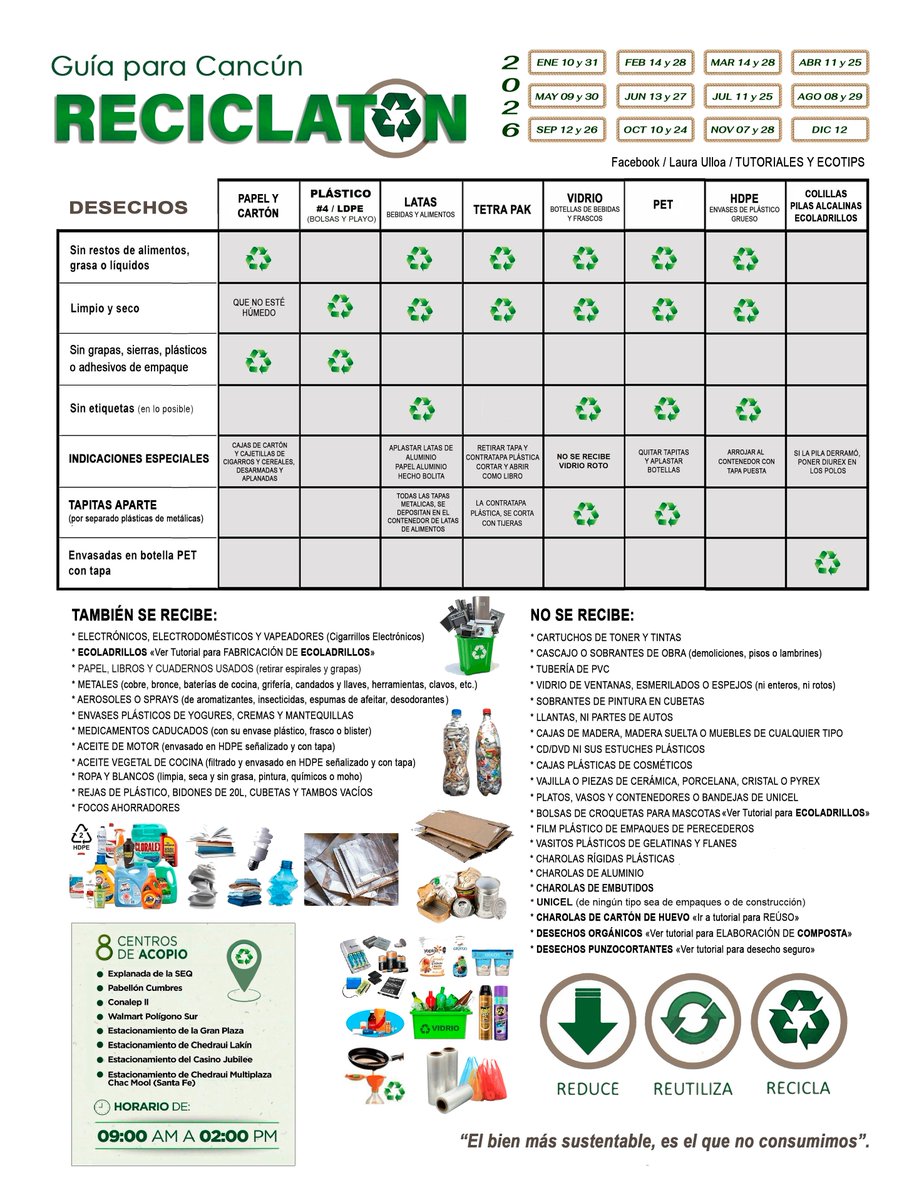 LauraUlloa_CUN's tweet photo. RECICLATÓN CANCÚN 31/ENE/2026 ♻️
De 9 a 14 horas lleva tus residuos inorgánicos limpios, compactados y clasificados, a cualquiera de los ocho puntos de acopio disponibles.
Aprende a RECICLAR aquí => https://t.co/goUvskLIeA
#PiensaVerde ♻️
#ReduceReusaRecicla https://t.co/VFVgrsu1So