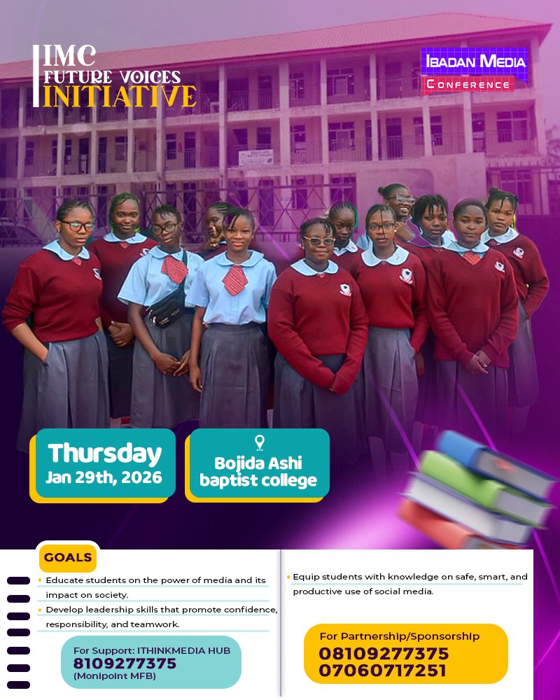 IM_Conference25's tweet photo. IMC Future Voices Initiative | January Edition

We are excited to kick off the IMC Future Voices Initiative with our first school visit at Bodija Ashi Baptist College.

fident, and purpose-driven young voices.

📍 Bodija Ashi Baptist College
📅 January 2026

#imc #imc26 https://t.co/Mtt4kUGUWR