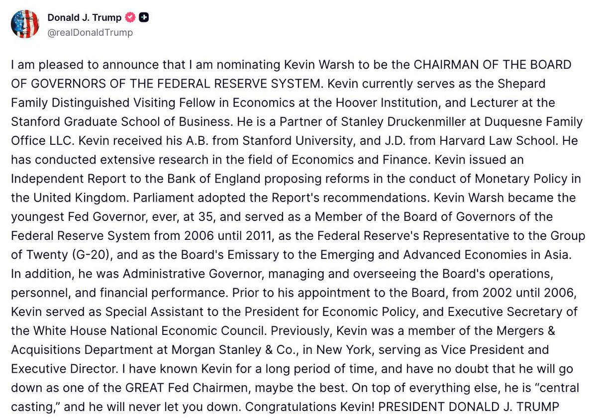 🚨 BESTÄTIGT: Trump ernennt Kevin Warsh zum nächsten FED Chairman! 🇺🇸