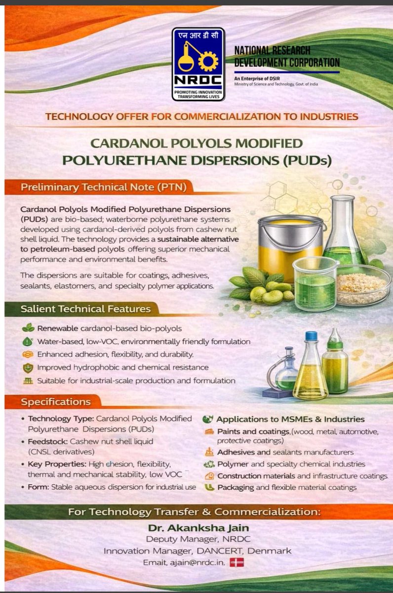 NRDCIndia1953's tweet image. NRDC introduces Cardanol-based Polyurethane Dispersions (PUDs) a bio-based, waterborne, low-VOC solution offering superior adhesion, flexibility, and durability for coatings, adhesives, and specialty polymers.
#NRDCIndia1953 #BioBased #GreenTechnology #PUDs #SustainableMaterials
