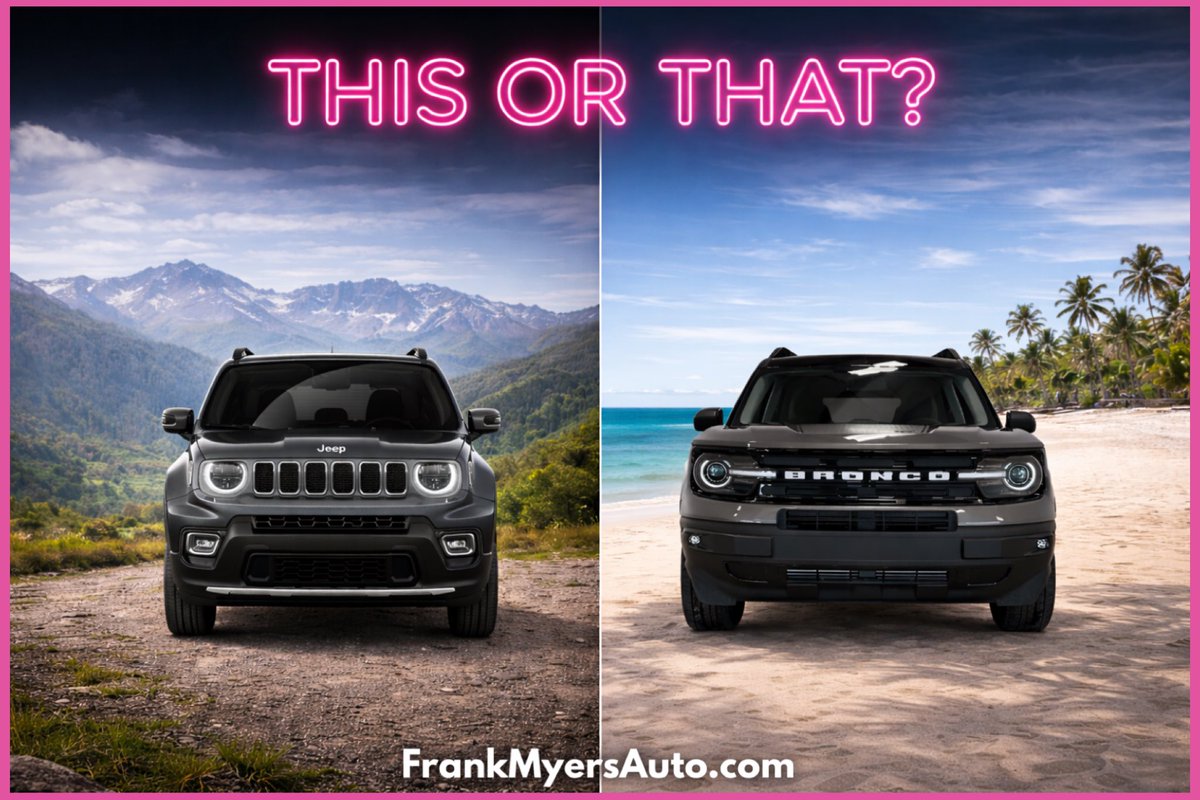 Time for a friendly driveway debate 👀

🏔️ 2024 Jeep Renegade
or
🏖️ 2024 Ford Bronco Sport

Mountain trails or beach days? Either way, Frank Myers Auto Maxx has you covered.

THIS OR THAT? 👇

Drop your pick in the comments and tell us why. We promise not to judge…much 😉
