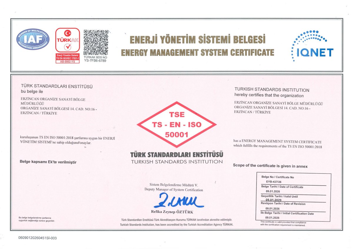 Erzincan OSB Müdürlüğü olarak, enerji yönetiminde uluslararası standart olan TS EN ISO 50001 Enerji Yönetim Sistemi Belgesi’ni, TSE denetimleri sonucunda almaya hak kazandık.
Emeği geçen tüm personelimize teşekkür ederiz.
#ISO50001 #EnerjiYönetimi #YeşilOSB #ErzincanOSB