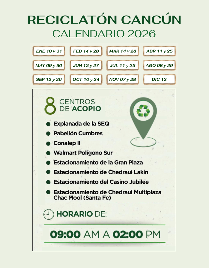 LauraUlloa_CUN's tweet photo. RECICLATÓN CANCÚN 31/ENE/2026 ♻️
De 9 a 14 horas lleva tus residuos inorgánicos limpios, compactados y clasificados, a cualquiera de los ocho puntos de acopio disponibles.
Aprende a RECICLAR aquí => https://t.co/goUvskLIeA
#PiensaVerde ♻️
#ReduceReusaRecicla https://t.co/VFVgrsu1So