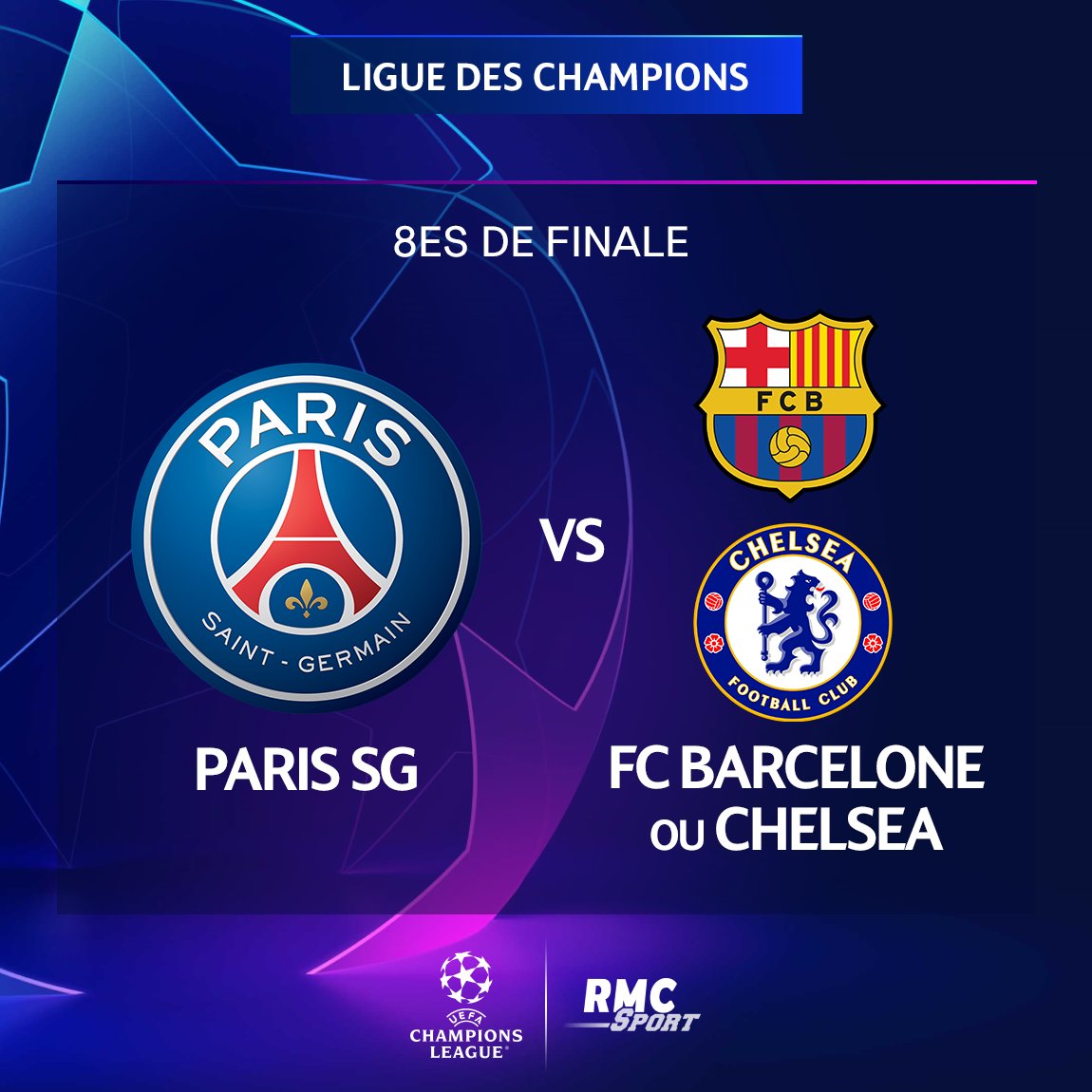 RMCsport's tweet image. 🔴🔵 Le tirage au sort des barrages de la Ligue des champions a placé Monaco sur la route du PSG. Le vainqueur de cette affiche aura droit à un choc en huitièmes contre Chelsea ou le FC Barcelone.

Le tableau possible du PSG jusqu'à la finale 👇

rmcsport.bfmtv.com/football/clubs…