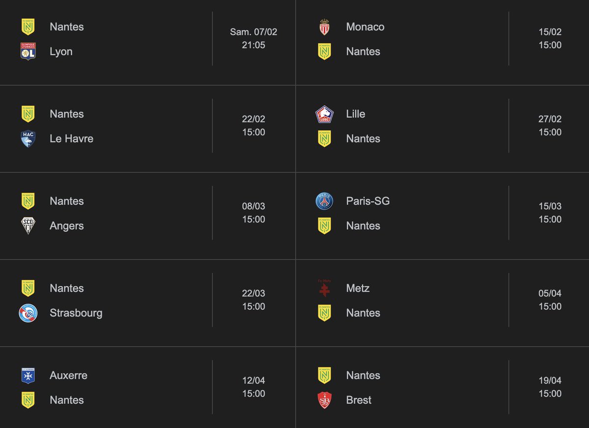FootballNantais's tweet photo. Les 10 prochains matchs du @FCNantes 👇

Une suite de rencontres décisives où l’on n’aura plus le droit de se cacher. https://t.co/dAvoTYvzax