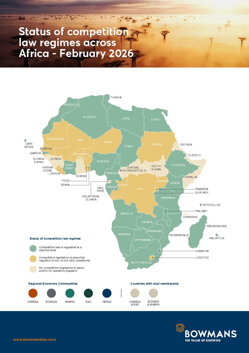 INSIGHTS🌍|#DidYouKnow that almost every African country enforces #CompetitionLaw, except for 3? Learn more by exploring our interactive heatmap - which shows national regimes, regional authorities, and dual jurisdictions driving AfCFTA integration - here: linkedin.com/feed/update/ur…