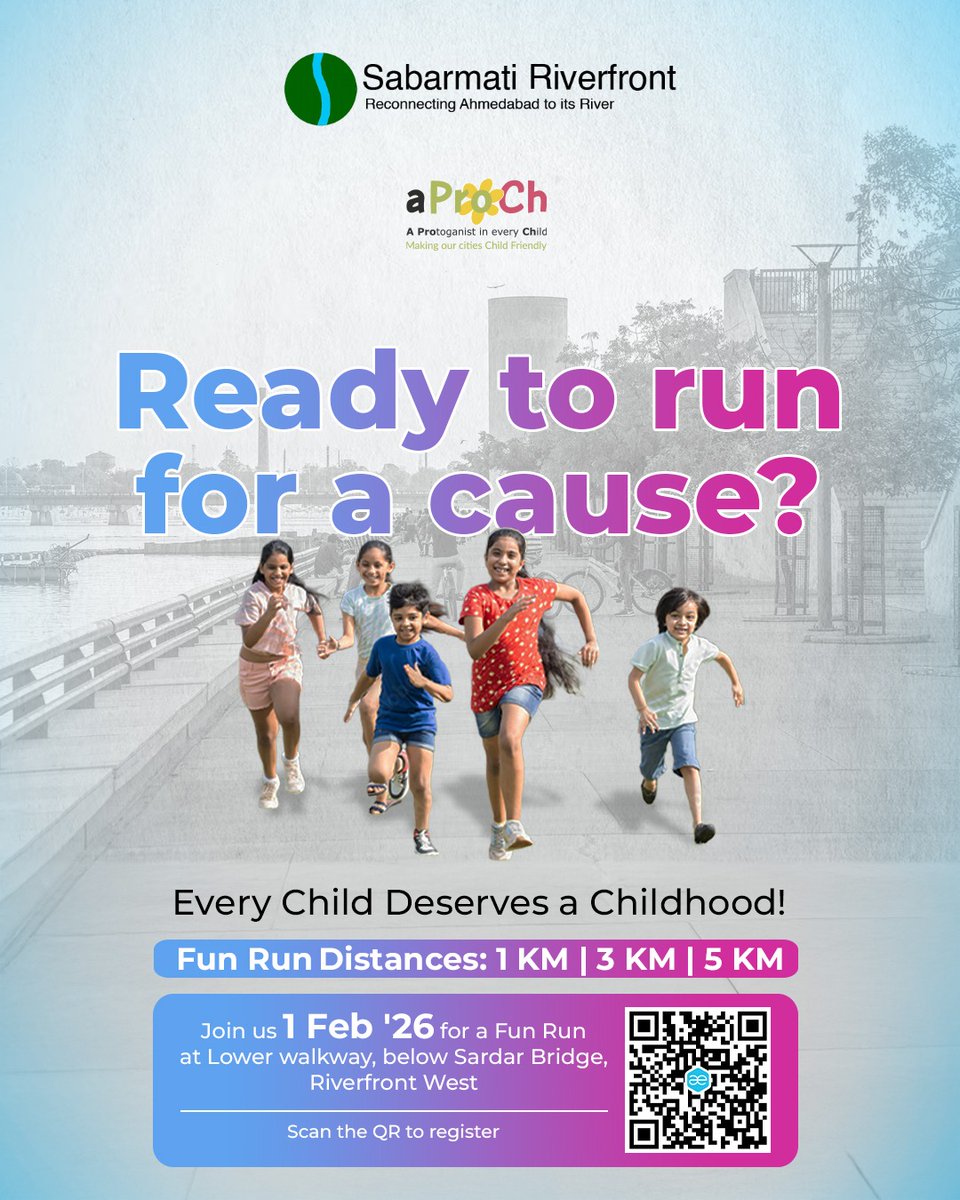 SRFDCL's tweet image. Run for a Cause! Every Child Deserves a Childhood.
Join the Fun Run on 1 Feb 2026 at Riverfront West (Below Sardar Bridge).
Distances: 1 KM | 3 KM | 5 KM
Scan the QR to register now.

#runforacause #funrun #sabarmatiriverfront #riverfront #ahmedabad