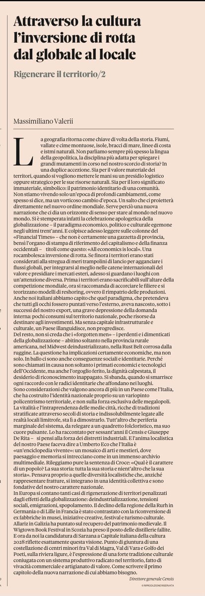 Se l'identità nazionale ha un'anima locale.
Perché la candidatura di Sarzana a Capitale italiana della cultura 2028 è importante? Perché riflette una nuova visione dei territori.
Oggi su «Il Sole 24 Ore».