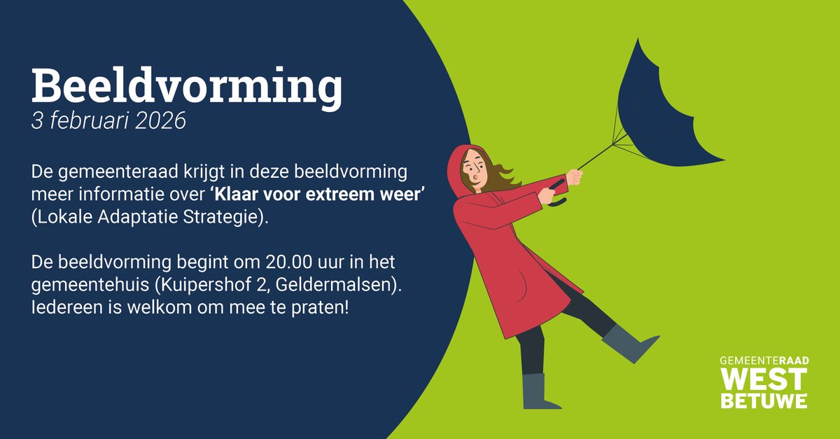 Dinsdag 3 februari staat er een beeldvormende vergadering op de planning over ‘Klaar voor extreem weer’ (Lokale Adaptatie Strategie). Het begint om 20.00 uur in het gemeentehuis.

De raad nodigt u van harte uit, u kunt meeluisteren en meepraten. Aanmelden is niet nodig.